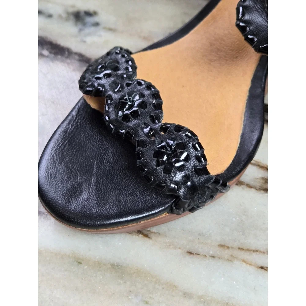 Jack‎ Rogers Womens Black Leather Whipstitched Rondelle Wedge Sandals Size 6M